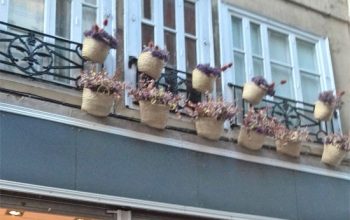 Cestas de flores decorando las ventanas..